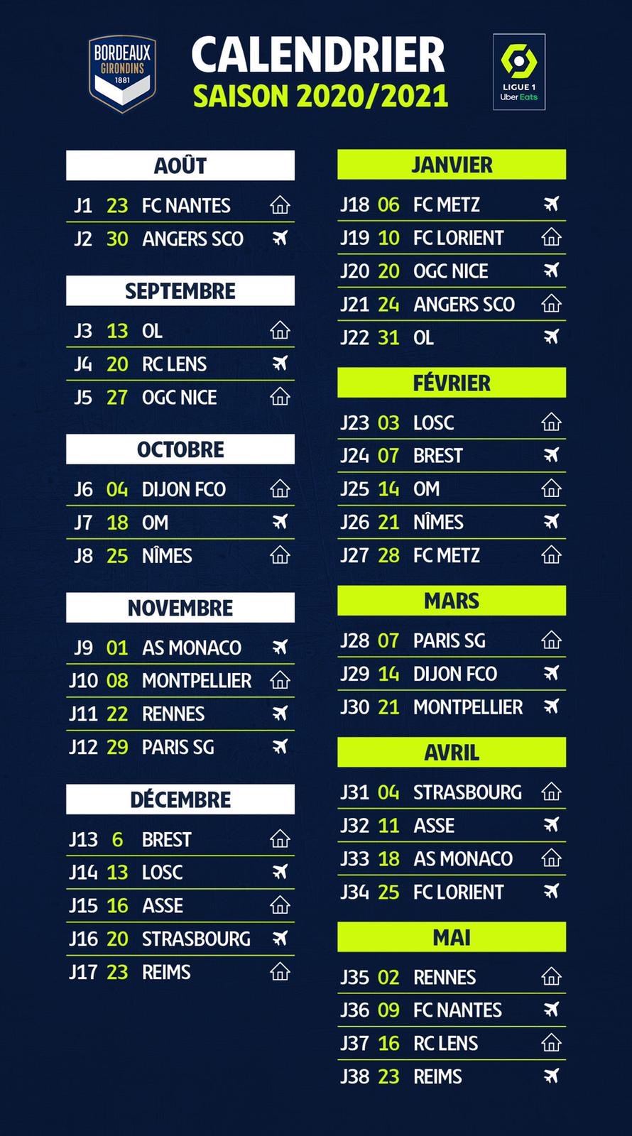 Calendrier Girondins Bordeaux 2021