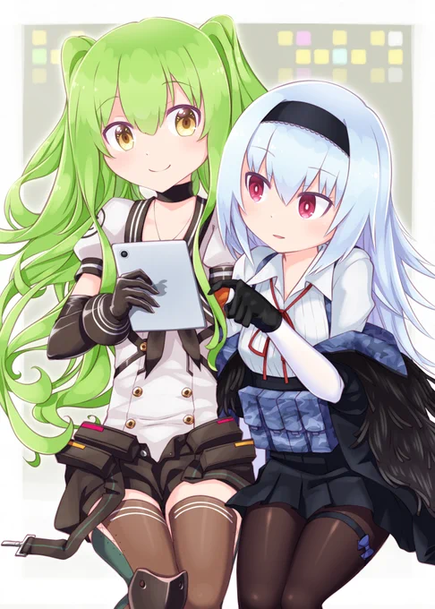 キャリコとサンダー。倉庫で見つけた古のスマートな板で遊ぶ。 #ドルフロ #少女前線 #M950A #サンダー 