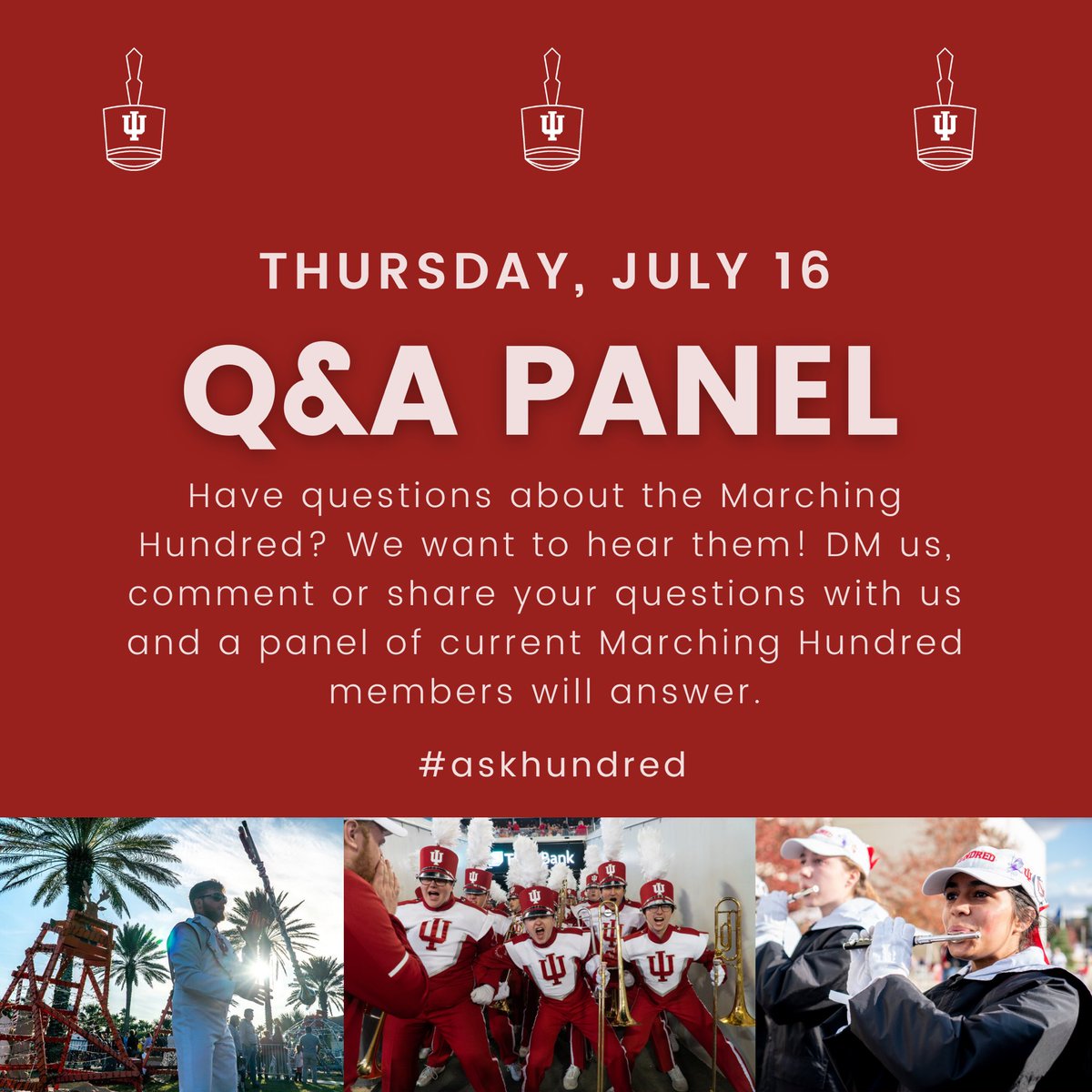 HundredIU's tweet photo. We’re hosting a Q&A panel to get your Marching Hundred questions answered! DM us, reply to this tweet or use #askhundred to submit your questions, and a Hundred student will answer at our panel next week. https://t.co/TY4E1QM3Vy