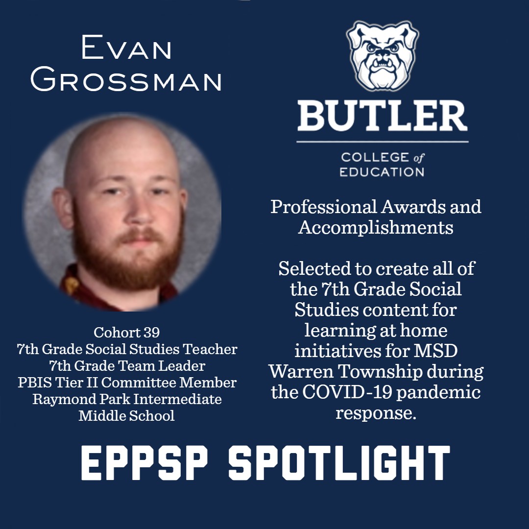 Course work for the summer has ended, but we are still going to celebrate our cohort members and their work! This week's #EPPSPSpotlight is on <a href="/legendaryev/">Evan Grossman</a>, a history teacher <a href="/RPIAPumas/">Raymond Park IA</a> in <a href="/msdwarren/">MSD of Warren Township</a>. He is a huge contributor to his school and our program! #leadership