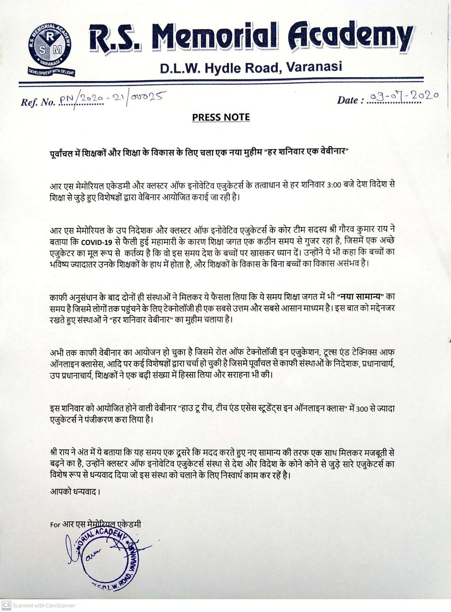RSMemorialAcad1's tweet image. पूर्वांचल में शिक्षकों और शिक्षा के विकास के लिए चला एक नया मुहीम &quot;हर शनिवार एक वेबीनार&quot;
@AmarUjalaNews
@livevns
@JagranNewspaper
#ThursdayThoughts #OnlineStudyIsAnEssentialReason #webinar #TEACHers #school #growthmindset #pressrelease #varanasinews