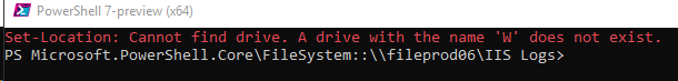 jwckauman's tweet image. I am using @PowerShell_Team PowerShell as Administrator on a mapped drive and am getting an error. That said, i am still able to access the drive. I just dont see the letter. Any ideas? #PowerShell #PowerShellHelp (This is version 7.1 preview 5).