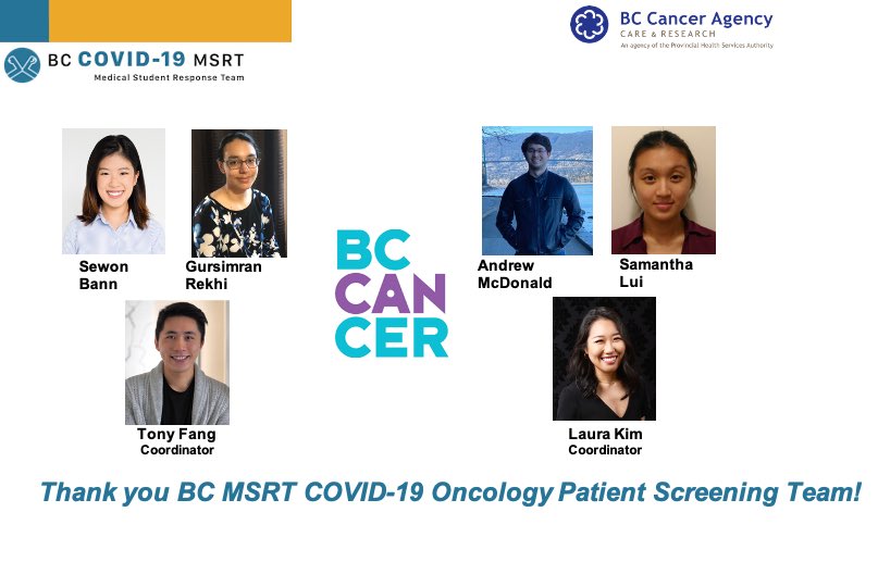 BC COVID-19 Medical Student Response Team (MSRT) (@covid19_bcmeds) on Twitter photo The Oncology Patient Screening team consists of <a href="/UBCMeds/">UBC Medical Students</a> volunteering to telescreen patients for #COVID19 symptoms prior to their <a href="/BCCancer/">BC Cancer</a> appointments. The team screens over 200 patients every week.
With the team set to change over, we’d like to thank our current volunteers! The Oncology Patient Screening team consists of <a href="/UBCMeds/">UBC Medical Students</a> volunteering to telescreen patients for #COVID19 symptoms prior to their <a href="/BCCancer/">BC Cancer</a> appointments. The team screens over 200 patients every week.
With the team set to change over, we’d like to thank our current volunteers!