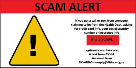 PisgahLegal's tweet photo. NC AG office is warning of Contact Tracing Scammers. If you get a call, email or text from someone claiming to be from the Health Dept. asking for credit card, insurance or social security #, it is a SCAM. The legit numbers are from NC-ARIAS-noreply@dhhs.nc.gov or text from 45394 https://t.co/tnPkFoDHFG
