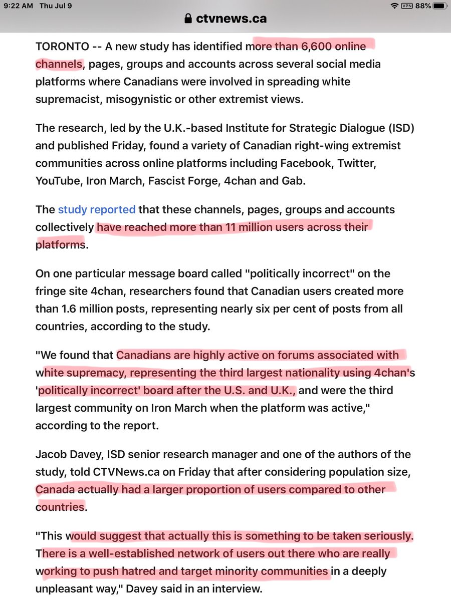 This is the article that contained the report. It came out June 17, 2020. And contained a dire warning that upto 11 million people have been exposed to the far right radicalized extremist propaganda. https://www.ctvnews.ca/canada/more-than-6-000-canadian-online-channels-involved-in-spreading-right-wing-extremism-study-finds-1.4991473