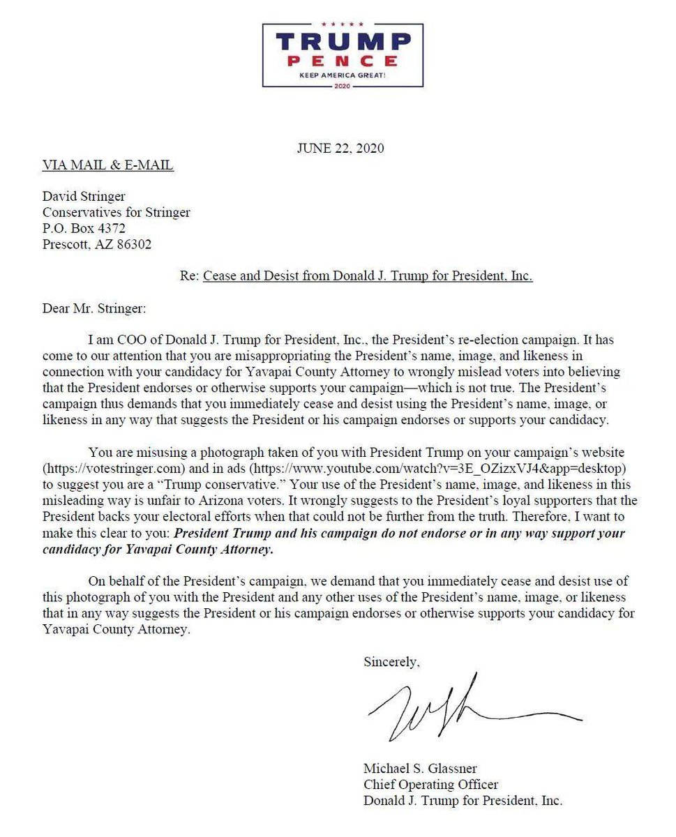yvonnewingett's tweet photo. Arizona’s David Stringer gets a cease and desist letter from Trump’s re-election campaign: “You are misusing a photograph taken of you with President Trump.” https://t.co/GQSD2gY92W