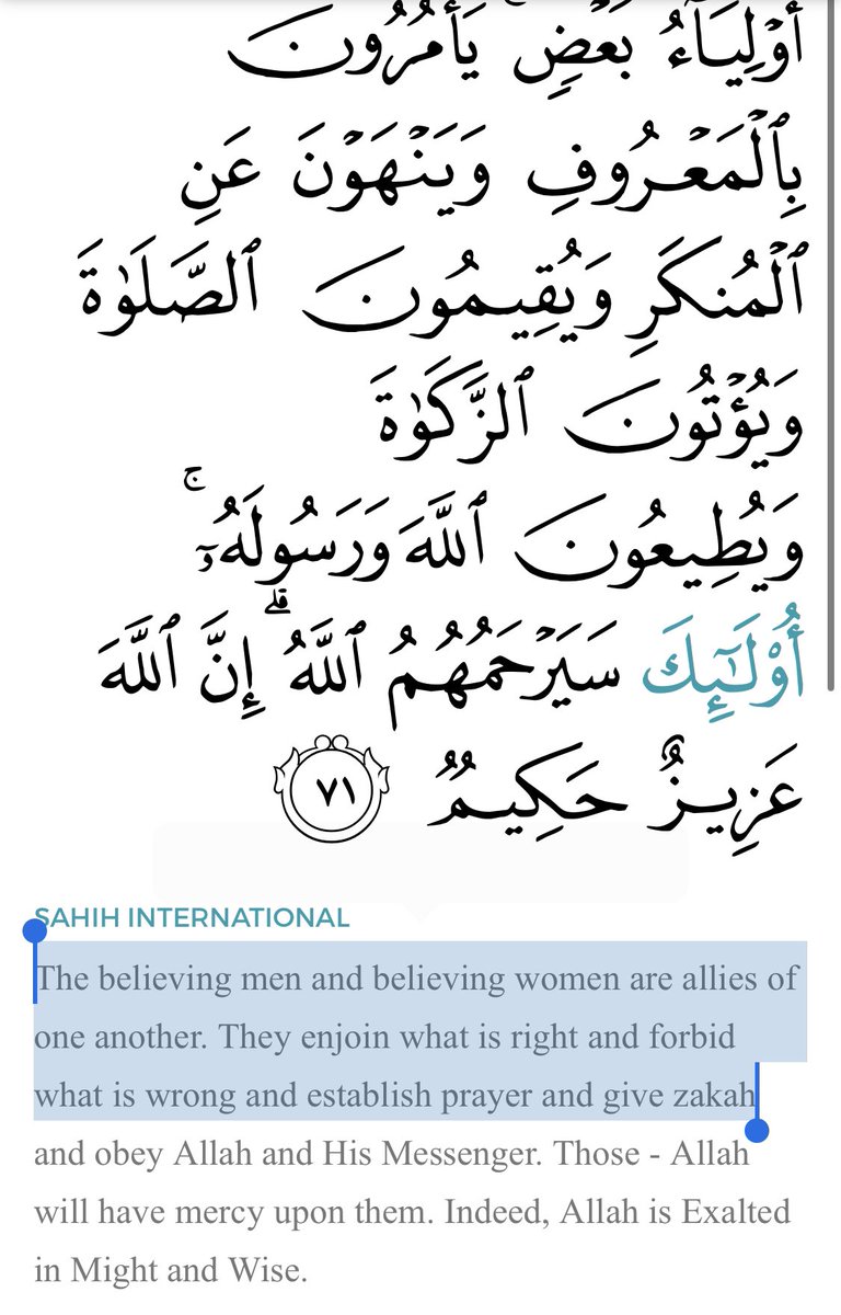 10) Not taking the ‘kuffar’ as allies meaning they take the ‘believers’ as allies. As , “the believing men and believing women are allies of one another, they enjoin what is right.. establish prayer and give zakah” (9:71)