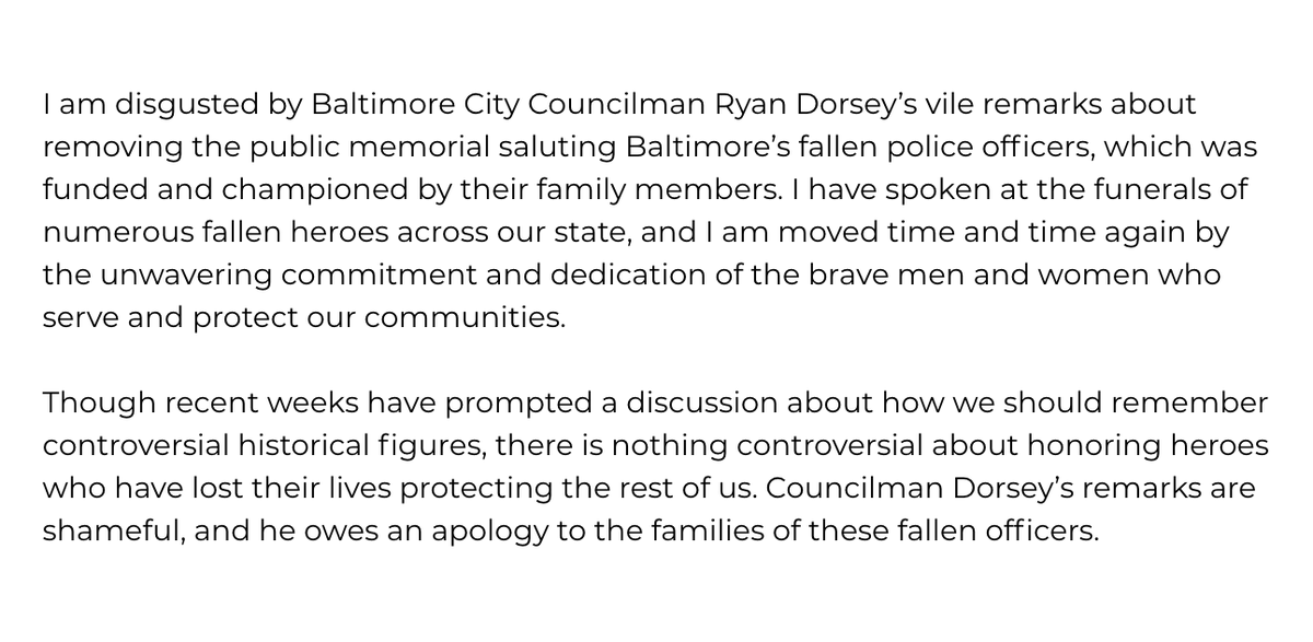 I am disgusted by the vile remarks about removing the public memorial saluting Baltimore’s fallen police officers, which was funded and championed by their family members. My full statement: