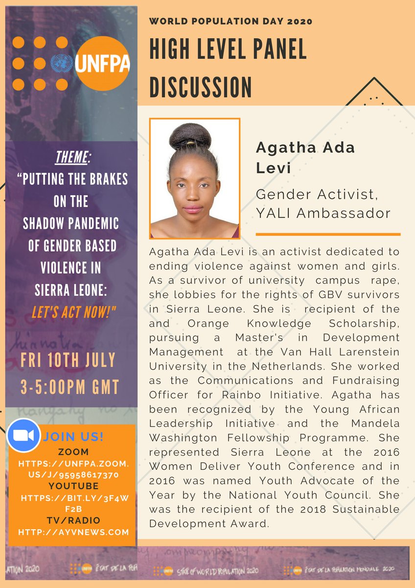 UNFPASierraleon's tweet photo. Don't miss our online discussion TOMORROW marking #WorldPopulationDay!

Sierra Leone's most prominent women activists for gender equality, @AgathaAdaLevi1, @sorie_fatmata &amp; @asmaakjames, will join us to share much needed insights. 

Zoom: https://t.co/MPyb1h2KO9 https://t.co/eMPklP3FBP