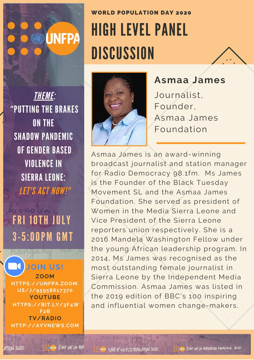 UNFPASierraleon's tweet photo. Don't miss our online discussion TOMORROW marking #WorldPopulationDay!

Sierra Leone's most prominent women activists for gender equality, @AgathaAdaLevi1, @sorie_fatmata &amp; @asmaakjames, will join us to share much needed insights. 

Zoom: https://t.co/MPyb1h2KO9 https://t.co/eMPklP3FBP