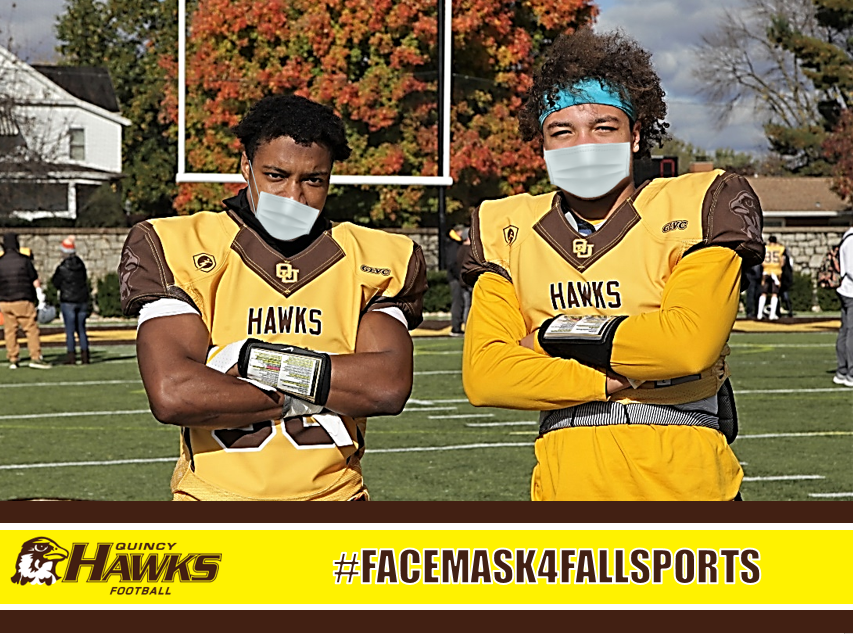 QUHawksFootball's tweet photo. 🚨🚨IMPORTANT PSA FROM @melvinbrock02 &amp; @trey_mosley08🚨🚨 Family protects each other, so... #FACEMASK4FALLSPORTS if you want to see these guys in action this fall! #PEWAV #FFF #55STRONG https://t.co/5A9aAEnxIB