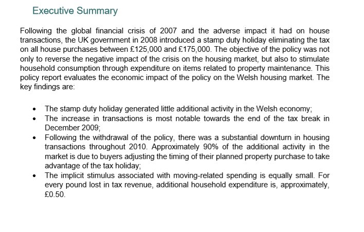5/ In 2008-2009, the UK gov introduced a Stamp Duty holiday for properties up to £175,000. A  @TARC2013 evaluation of the holiday in Wales found it "generated little additional activity in the Welsh economy"