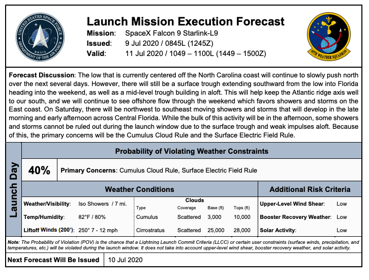 45th Weather Squadron has released a Launch Mission Executing Forecast for this Saturday to support SpaceX Falcon 9 next attempt to launch Starlink.
No back update available, but targetting 10:49 am to 11:00 am EDT launch time on July 11th. Waiting for SpaceX confirmation. https://t.co/WCIXS5qJaO