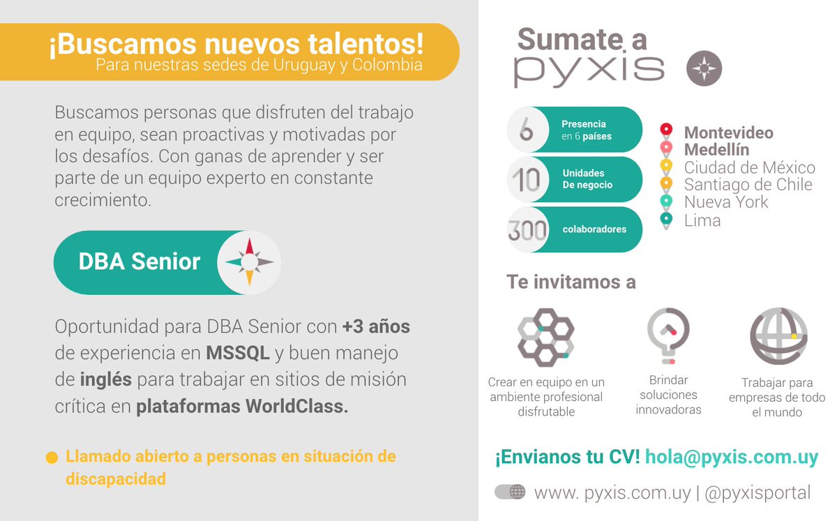 Pyxisportal's tweet photo. ¡Buscamos nuevos talentos para nuestras sedes de #Montevideo y #Medellín!😉
▶ #OportunidadLaboral para #DBASenior
Envianos tu CV a hola@pyxis.com.uy
¡Te estamos esperando!🚀 https://t.co/XIMwSCGLSB
