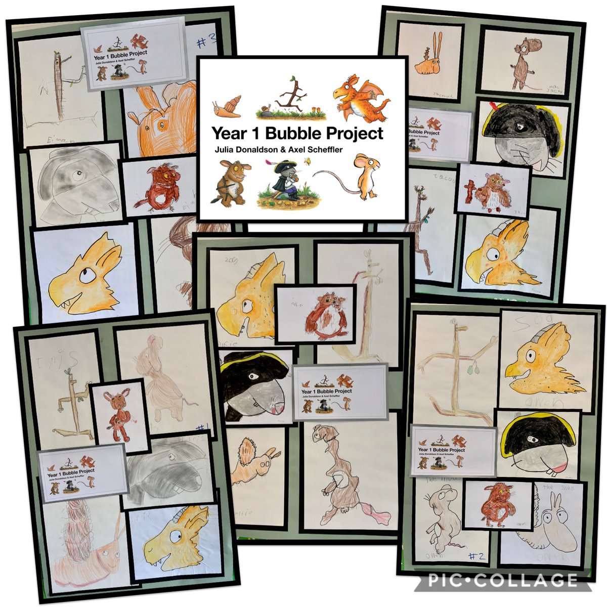 robynjpollard's tweet photo. Wow! I am so impressed with the concentration, effort and passion of my @SMemorial Year 1 Lockdown Bubble. Lots of listening, feedback and critique has made each draft of their Axel Scheffler art work improve. Great Julia Donaldson project, I’m very proud! @TheRealGruffalo https://t.co/KwH00xiErI