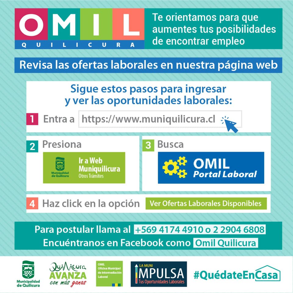 muniquilicura's tweet photo. 🔵 REVISA OFERTAS LABORALES EN NUESTRA PÁGINA WEB 🔵  https://t.co/42UAa94rxj

🔹 Para postular llama al +569 4174 4919 o 2 2904 6808. Para dudas y consultas puedes escribir por interno en Facebook a OMIL Quilicura https://t.co/E2rIzw7Sdy