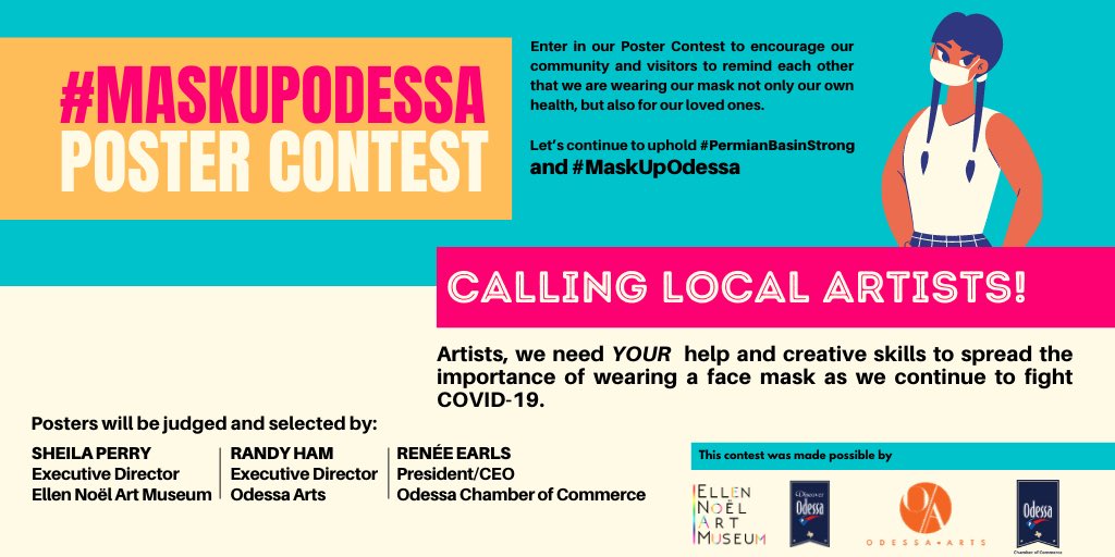 NoelArtMuseum's tweet photo. CALLING LOCAL ARTISTS to enter in the #MaskUpOdessa Poster Contest! 

Artists, we need your creative skills by creating a poster that encourages wearing face masks that we can share around town! ✨

Entry is FREE

Submit your poster: https://t.co/zEODeeWYfo https://t.co/HlFaVRszYD