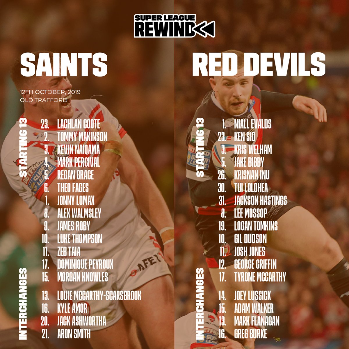 SuperLeague's tweet photo. π TEAMS IN
For the last time tonight we bring you #SLRewind - here's how @Saints1890 and @SalfordDevils will line-up π
Watch here (7:45pm): https://t.co/MCIsXvSeM1 https://t.co/tmKgqKMDKp