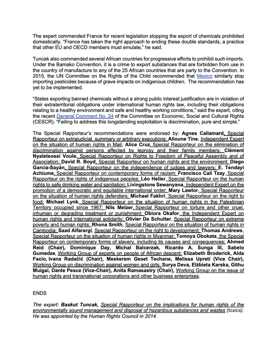 States must stop exporting unwanted toxic chemicals to poorer countriesPleased to share a statement calling for an end to this abhorrent practice, delighted see endorsed by 35 other  @UN_SPExperts of the UN Human Rights Council  https://www.ohchr.org/EN/NewsEvents/Pages/DisplayNews.aspx?NewsID=26063&LangID=E  #HRC44