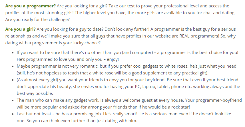 KaiHaskell's tweet photo. Googled "dating for programmers". I was expecting something bad, but not this bad. https://t.co/iI3HAZZsMu