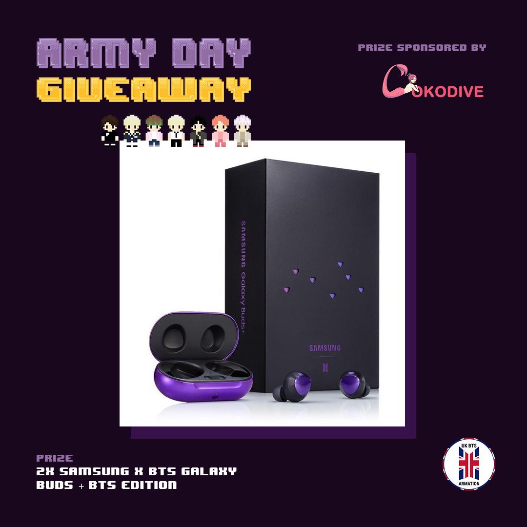 UKBTSARMATION's tweet photo. [GIVEAWAY] 

Happy Birthday ARMY🥳💜! In honour of ARMY DAY we have teamed up with @cokodive to give two lucky ARMYS Samsung Galaxy Edition ~ 

Good luck 💜💜
Please screen shot evidence of you following both accounts

#ARMYDAYGA
 #FindYourPurple
#BudsPlusBTSedition https://t.co/nBTCv5lqi1