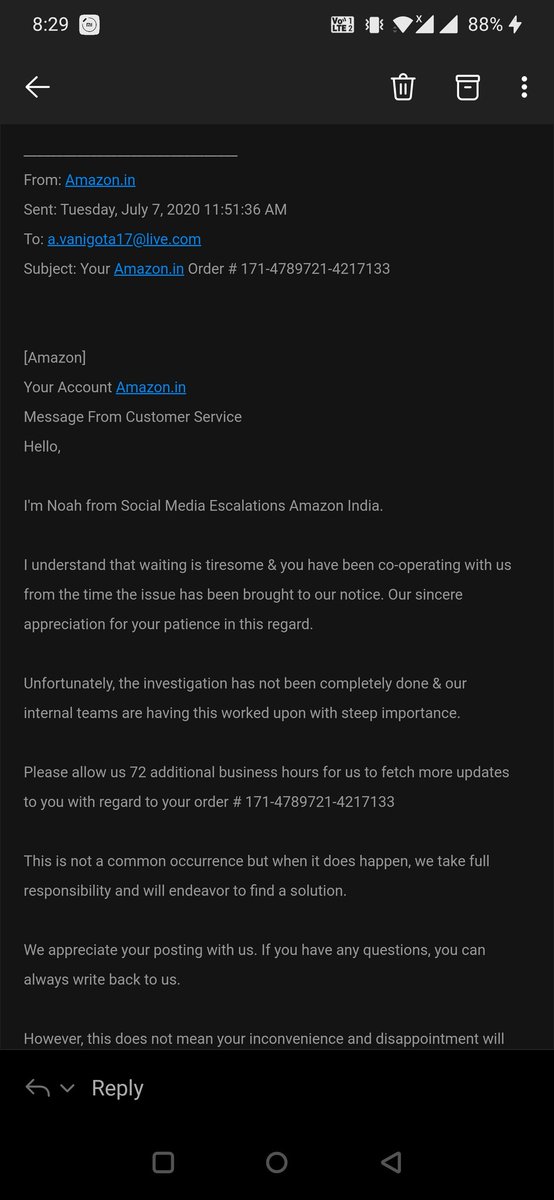 anky17cool's tweet photo. 7th July 11:50am You committed to solve my issue in 72hours? And there is still no solution about this @amazonIN  @amazon #Amazonsucks How long are ull going to play around like this? https://t.co/1FPMRPFb5z
