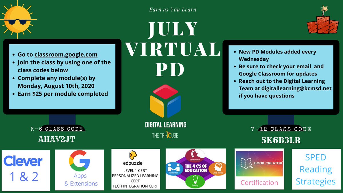 kcpsdlt's tweet photo. Over 80 @kcpublicschools T's have begun July Virtual PD. Earn as you learn $25 for each module completed. Join in. #WeAreKCPS #DLTPD20 https://t.co/ryPgqCpwnn