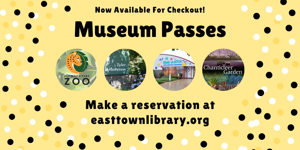 easttownlibrary's tweet photo. Select Museum Passes are available to check out from Easttown Library! Visit our museum pass program page to reserve one today: https://t.co/8ep0IH5HEO
#Chanticleer #TylerArboretum #HandsOnHouse #ElmwoodParkZoo #Easttown #Berwynpa #ChesterCounty https://t.co/SbcrRysJDq