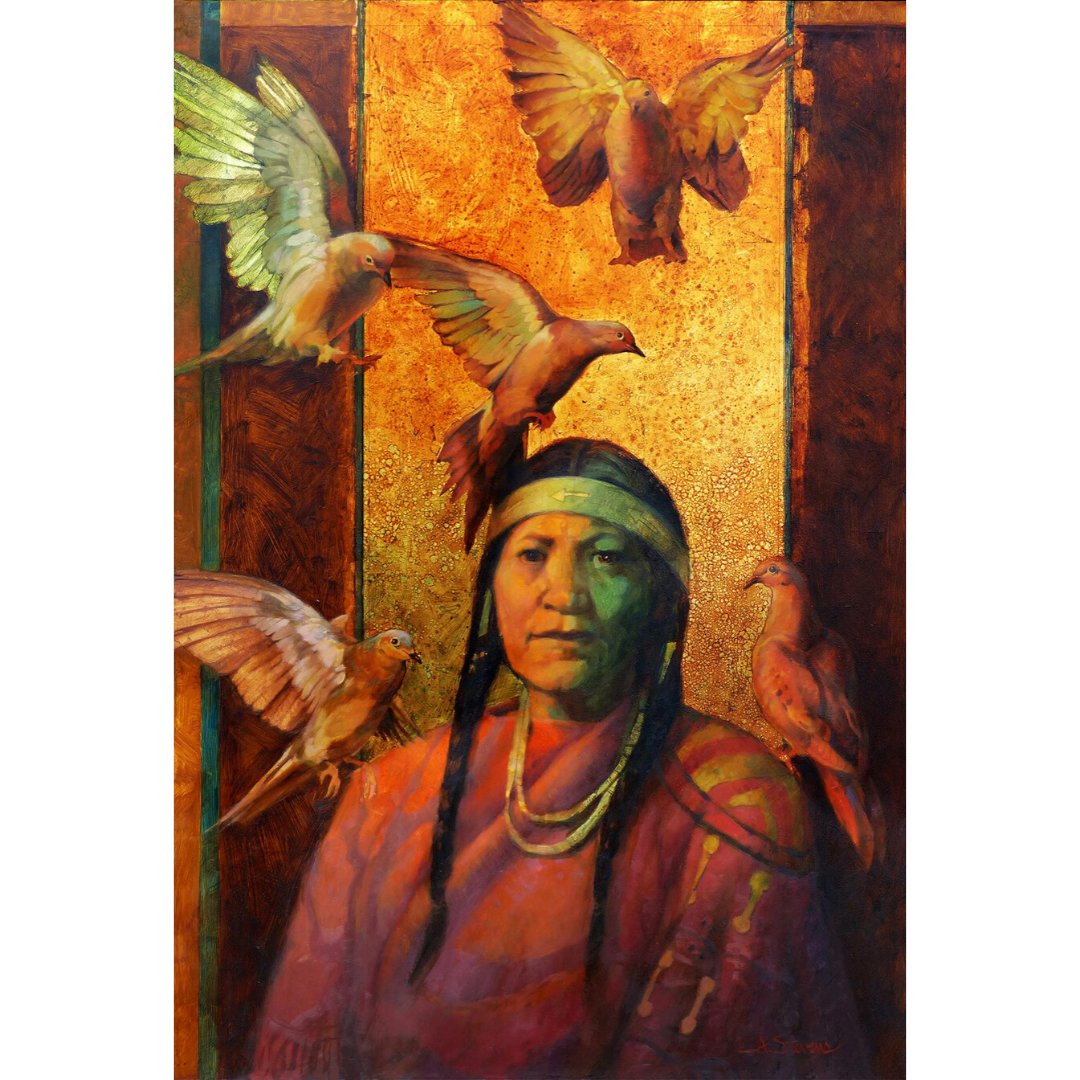 Amwomenartists's tweet photo. Mourning Dove by Laurie Stevens in Making Their Mark: American Women Artists at the Booth Museum. #womenartists #AWABooth #BoothMuseum #artexhibition #oilpainting #oil #metalleaf https://t.co/W9AkjtTG3D