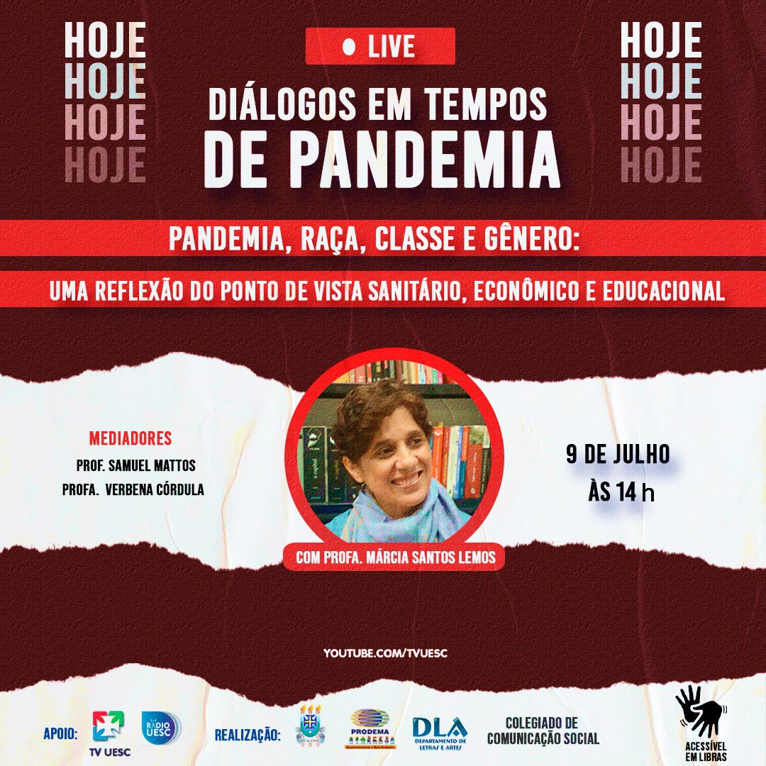 tvuesc's tweet photo. É hoje! A quarta mesa do evento “Diálogos em Tempo de Pandemia” com a profa. Márcia Santos Lemos (UESB), vai ser transmitida lá no canal do YouTube da TVUESC às 14h. Vamos conversar sobre “Pandemia, raça, classe e gênero: Uma reflexão do ponto de vista, econômico e educacional”. https://t.co/9Uh2yO6fwM