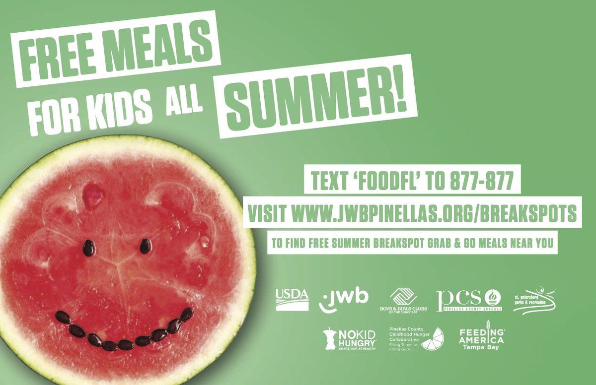 JWBPinellas's tweet photo. Summer #BreakSpots are now in full swing thanks to @my_pcs, @StPeteParksRec, @BGCSuncoast, and @FeedingTampaBay! Families can pick-up free nourishing meals for their children at 80 locations across #PinellasCounty.
Schedule: https://t.co/HPISkqeek3
@USDA @NoKidHungry https://t.co/ThUkIyPPuz