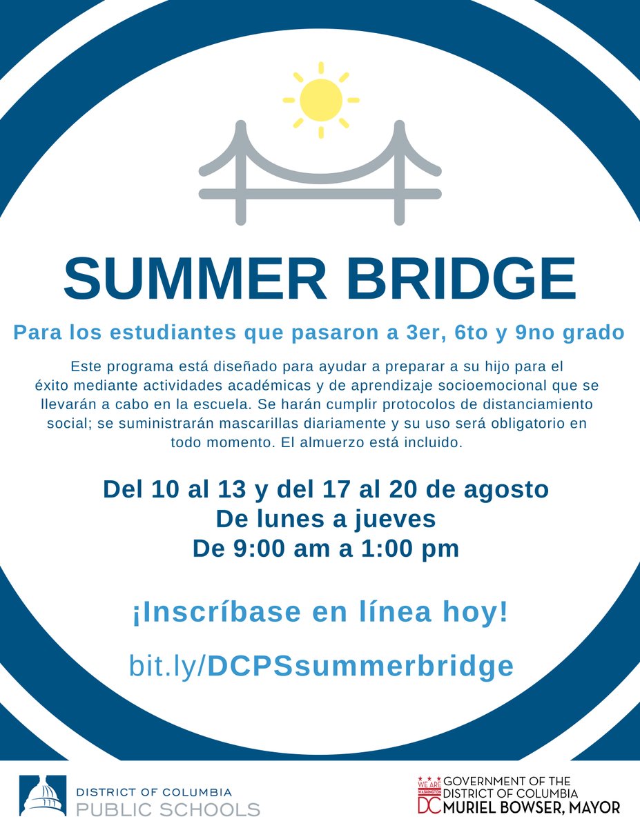 Is your child enrolling in 3rd, 6th, or 9th grade this upcoming school year? Today is the last day to register for Summer Bridge, a program to help students as they transition to a new grade level or school building. Register here: bit.ly/DCPSsummerbrid….