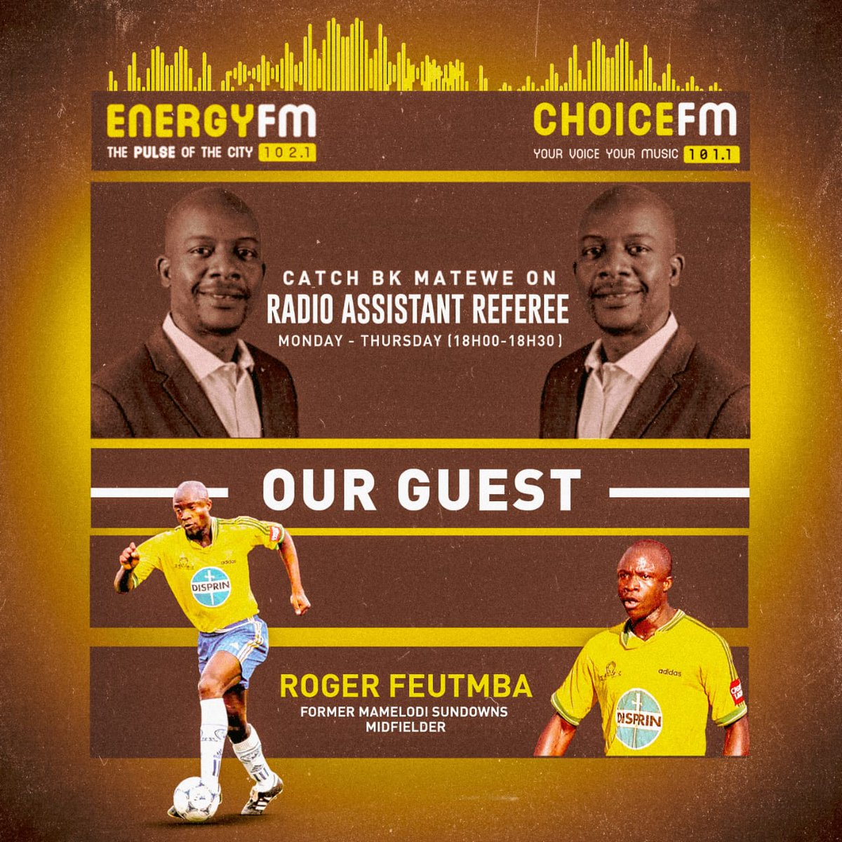Tonight on Radio Assistant Referee : 
<a href="/bkmatewe/">BK Matewe</a> catches up with Mamelodi Sundowns legend Roger Feutmba.

WHATSAPP: 079 295 1212
VOICE NOTE: 060 771 5107
CALLS: 015 151 1058.

#RAR
#RetroThursday