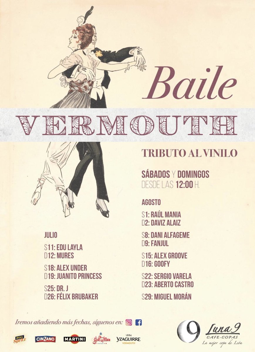 💃🏼 BAILE VERMOUTH EN EL LUNA 9 - SÁBADOS Y DOMINGOS DESDE LAS 12:00 horas.⁣🕺🏿
⁣
Se puede disfrutar respetando todas las medidas sanitarias, desinfección de mesas, limpieza de local y baños, camareros con mascarillas y control de aforo. ¡Os esperamos! 🙂 #bailevermouth #leonesp
