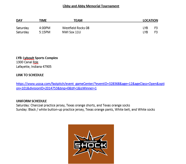 SoftballShock's tweet photo. Libby / Abby Memorial - Game and Uniform Schedule

Tournament Link: https://t.co/ZZjXBof6mo https://t.co/3E2QR2ehF3