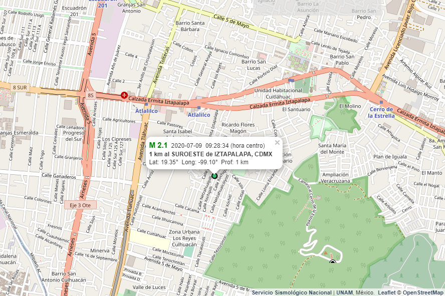 SkyAlertMx's tweet photo. SSN reporta sismo de magnitud 2.1 con epicentro en la zona del Cerro de la Estrella en Iztapalapa, CDMX.

Desde el 30 de junio se han registrado 6 sismos con epicentro dentro de la capital del país. https://t.co/Pp18aqsNqm
