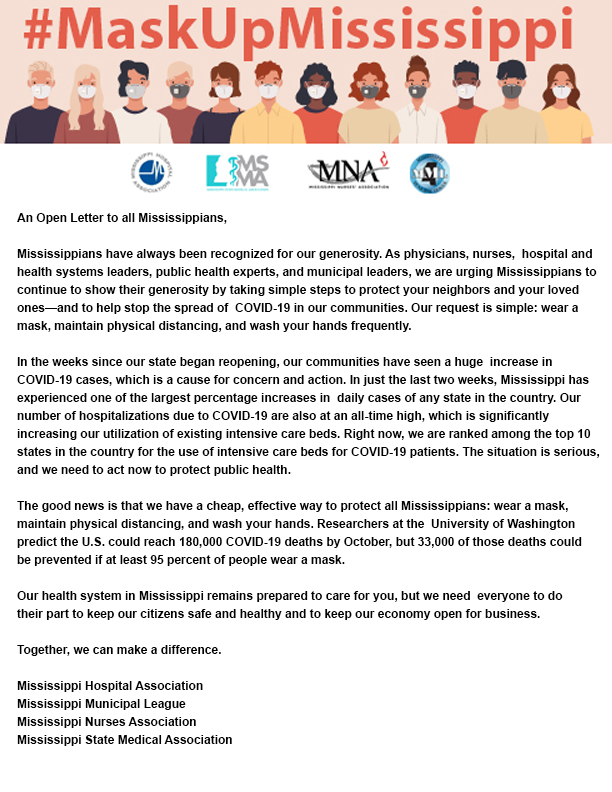 MHA's tweet photo. MHA, @MMLonline, the Mississippi Nurses Association, and @MSMA1 join together to encourage all Mississippians to #MaskUpMississippi! https://t.co/qhDIgPOzrv