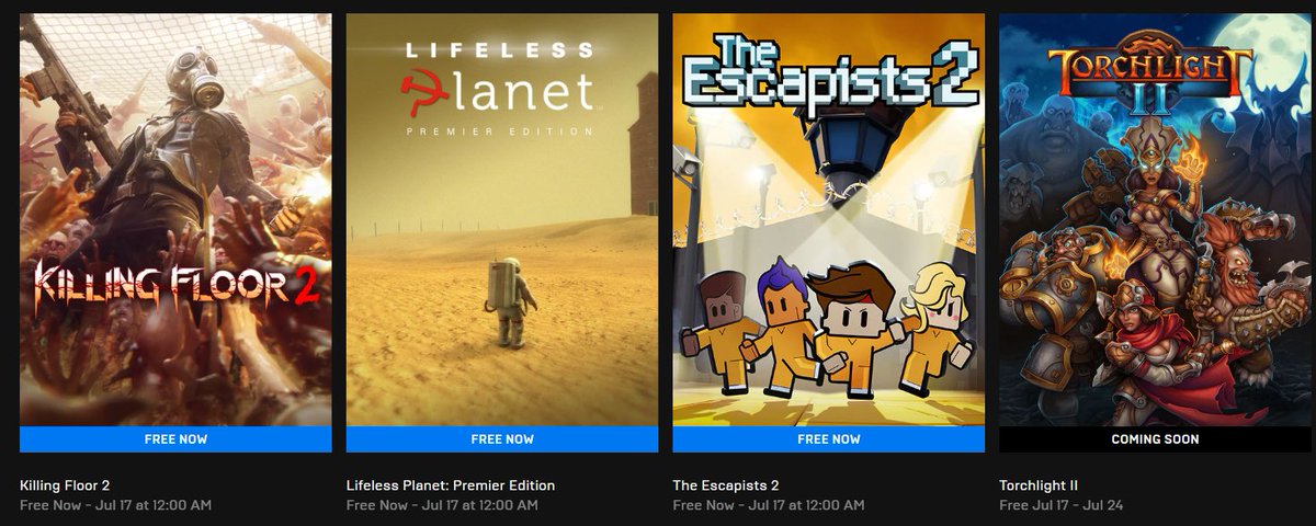 epicgames.com/store/ko/free-…

에픽스토어 금주의 무료배포 게임! 
 킬링 플로어 2, The Escapists 2, 
Lifeless Planet 총 세개의 게임이 무료 배포중입니다.

1회등록 시 에픽 라이브러리에 영구적으로 소장이 가능하며, 7월 17일 자정까지 배포됩니다!

다음 주의 무료배포 게임은 토치라이트2 입니다!