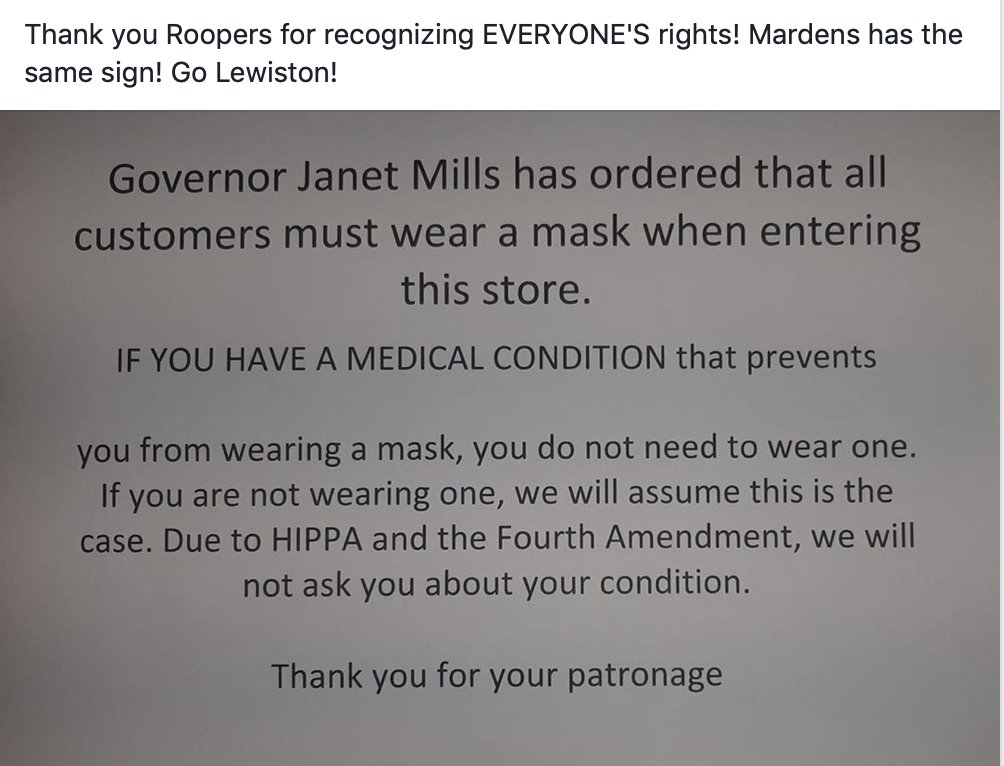 ConsciousPixie's tweet photo. Rooper's and Marden's in Lewiston, Maine are standing up for what's right! No mask, no questions! #ReOpenME #ReOpenMaine #dontmaskdonttell @StandUpMaine https://t.co/xpPzHvFohC