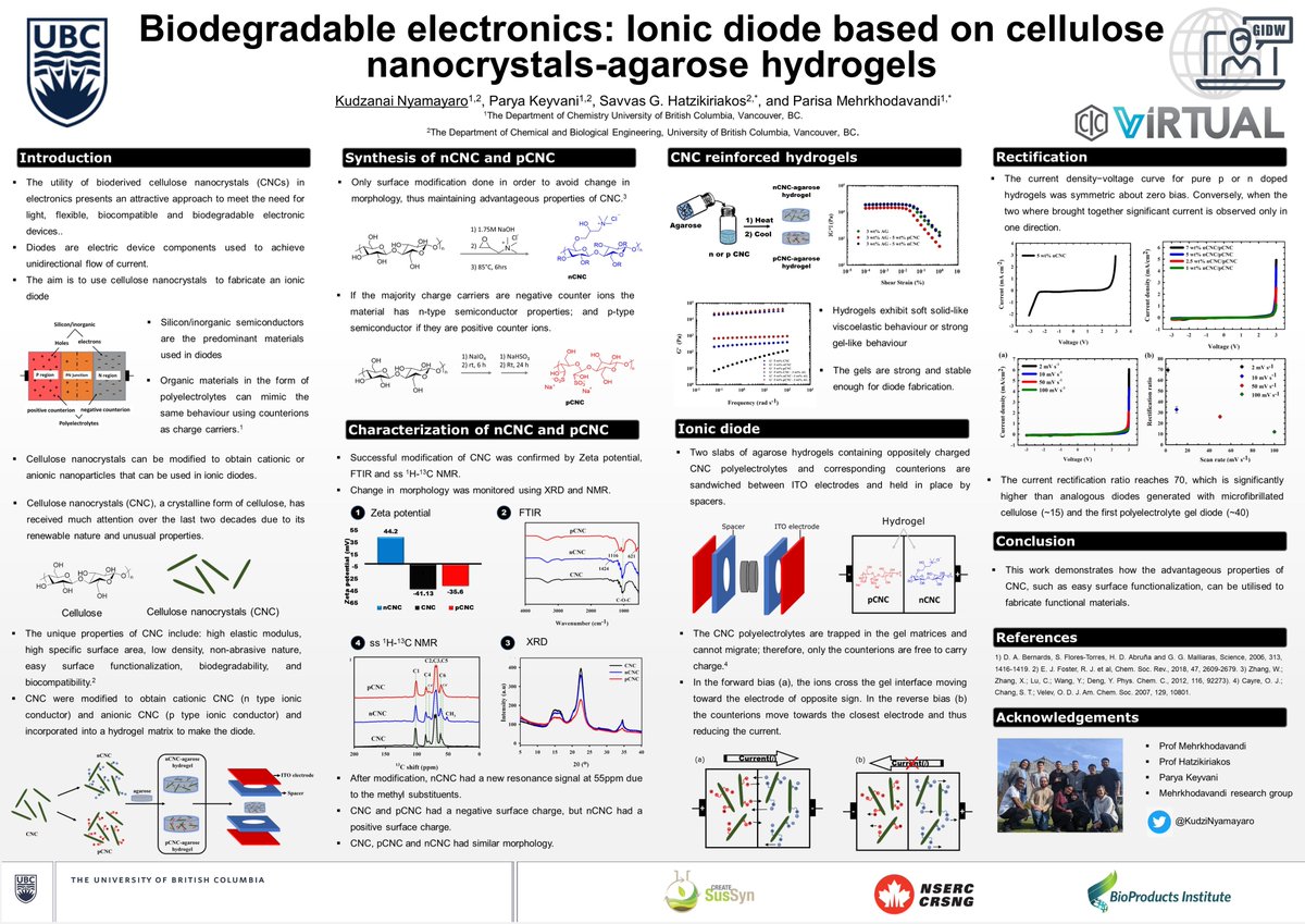 kudzi Nyamayaro (@kudzinyamayaro) on Twitter photo Check out my #gidw2020 poster from my work
<a href="/mehrkhodavandi/">Mehrkhodavandi Group</a> group <a href="/UBCChem/">UBC Chemistry</a>
P114 - Biodegradable electronics: Ionic diode based on
a cellulose nanocrystals-agarose hydrogel
Questions are welcome!
A big thank you to: <a href="/CIC_ChemInst/">Chemical Institute of Canada</a> <a href="/DaltonTrans/">DaltonTransactions</a> <a href="/cscinorgdiv/">CSC Inorganic Division</a> @degruyter_phys Check out my #gidw2020 poster from my work
<a href="/mehrkhodavandi/">Mehrkhodavandi Group</a> group <a href="/UBCChem/">UBC Chemistry</a>
P114 - Biodegradable electronics: Ionic diode based on
a cellulose nanocrystals-agarose hydrogel
Questions are welcome!
A big thank you to: <a href="/CIC_ChemInst/">Chemical Institute of Canada</a> <a href="/DaltonTrans/">DaltonTransactions</a> <a href="/cscinorgdiv/">CSC Inorganic Division</a> @degruyter_phys