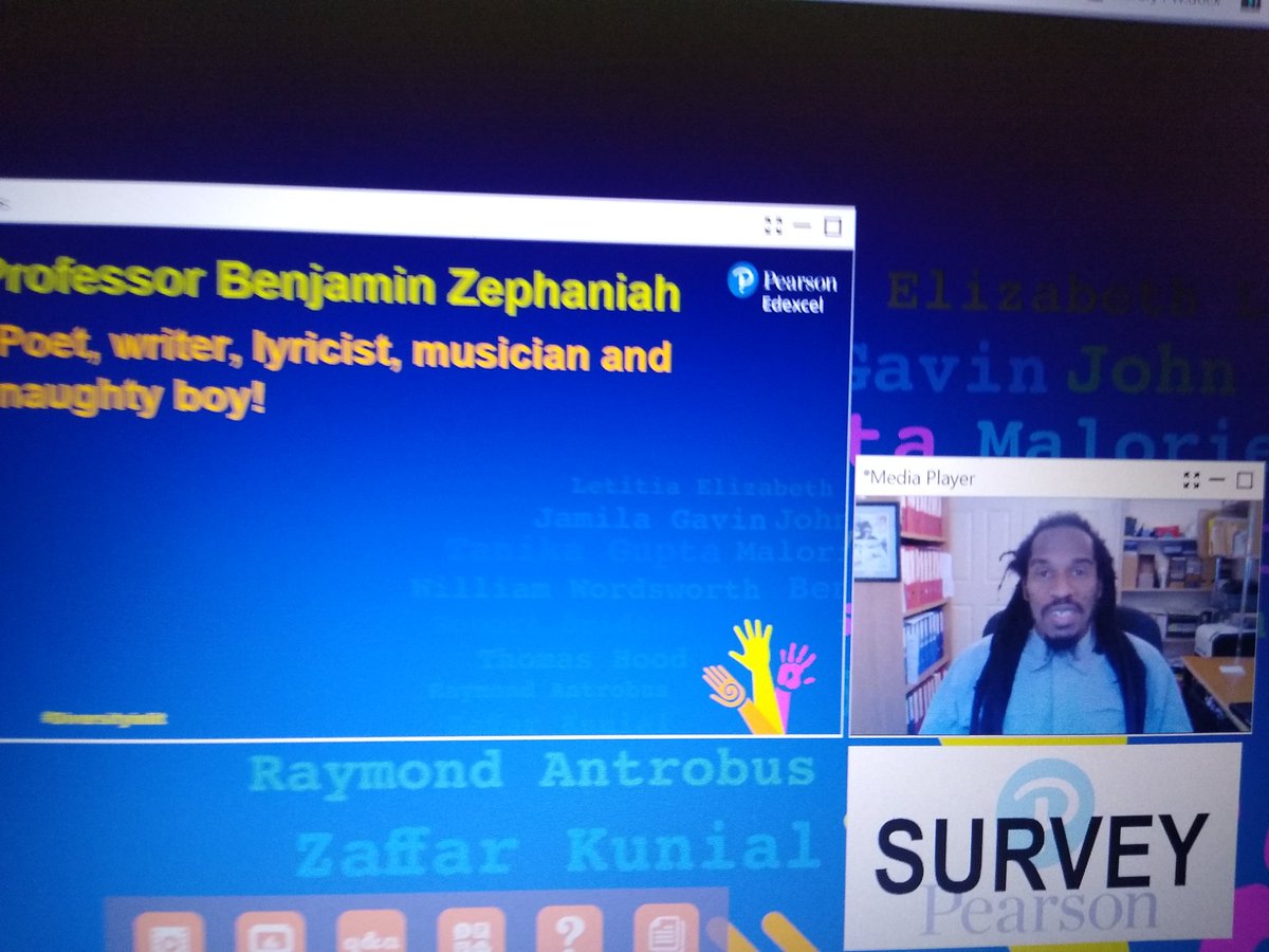 HelenSwinyard's tweet image. Fascinating webinar from @pearson for teachers (and librarians!) on #DiversityInLit featuring @BZephaniah What is #canon? What is seen as literature? Who makes our study decisions? Which texts should we study in schools &amp;amp; how do they reflect messages to &amp;amp; about our society?