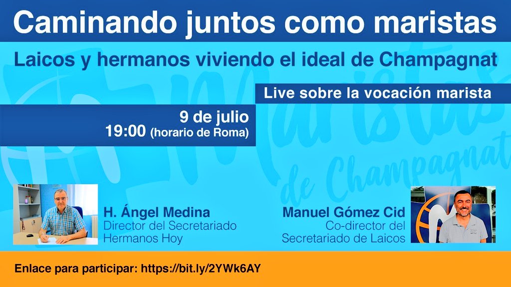 ¿Caminamos juntos como #Maristas? De la gran #familia de #MaristasDeChampagnat hablan a las 19h🕖 el H. Ángel Medina, del Secretariado #Hermanos Hoy  y <a href="/manugomezcid/">Manu Gómez Cid</a>, del Secretariado de #Laicos. Participa entrando en: bit.ly/2YWk6AY #SomosFamilia 💜 cc <a href="/fms_champagnat/">FMS Champagnat</a>