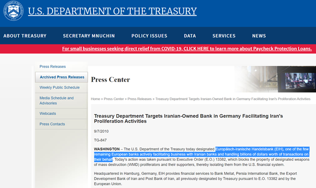 19)Sep 2010—US Treasury sanctions Europäisch­-Iranische HandelsbankJune 2018—Oberbank will withdraw from Iran because of increased risk for European companies in light of potential U.S. sanctionsOct 2019—US prosecutors accuse Halkbank of scheme to evade Iran sanctions