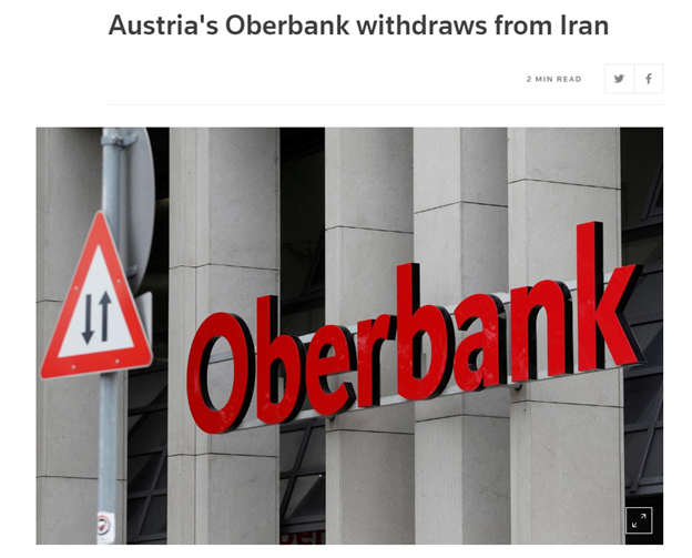 19)Sep 2010—US Treasury sanctions Europäisch­-Iranische HandelsbankJune 2018—Oberbank will withdraw from Iran because of increased risk for European companies in light of potential U.S. sanctionsOct 2019—US prosecutors accuse Halkbank of scheme to evade Iran sanctions