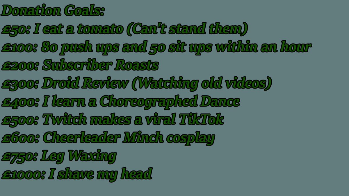 razorminch's tweet photo. The donation goals for the 24 hour stream next week have been decided, if any of these are completed before the stream they will be done near the start. https://t.co/t6Y0O1OHSF