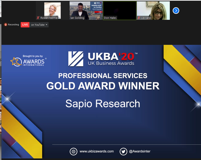 rowannorrie's tweet photo. Winner of Professional Services is Sapio Research @awardsinternational #ukba #awardsinternational https://t.co/u1vYHPGpeX