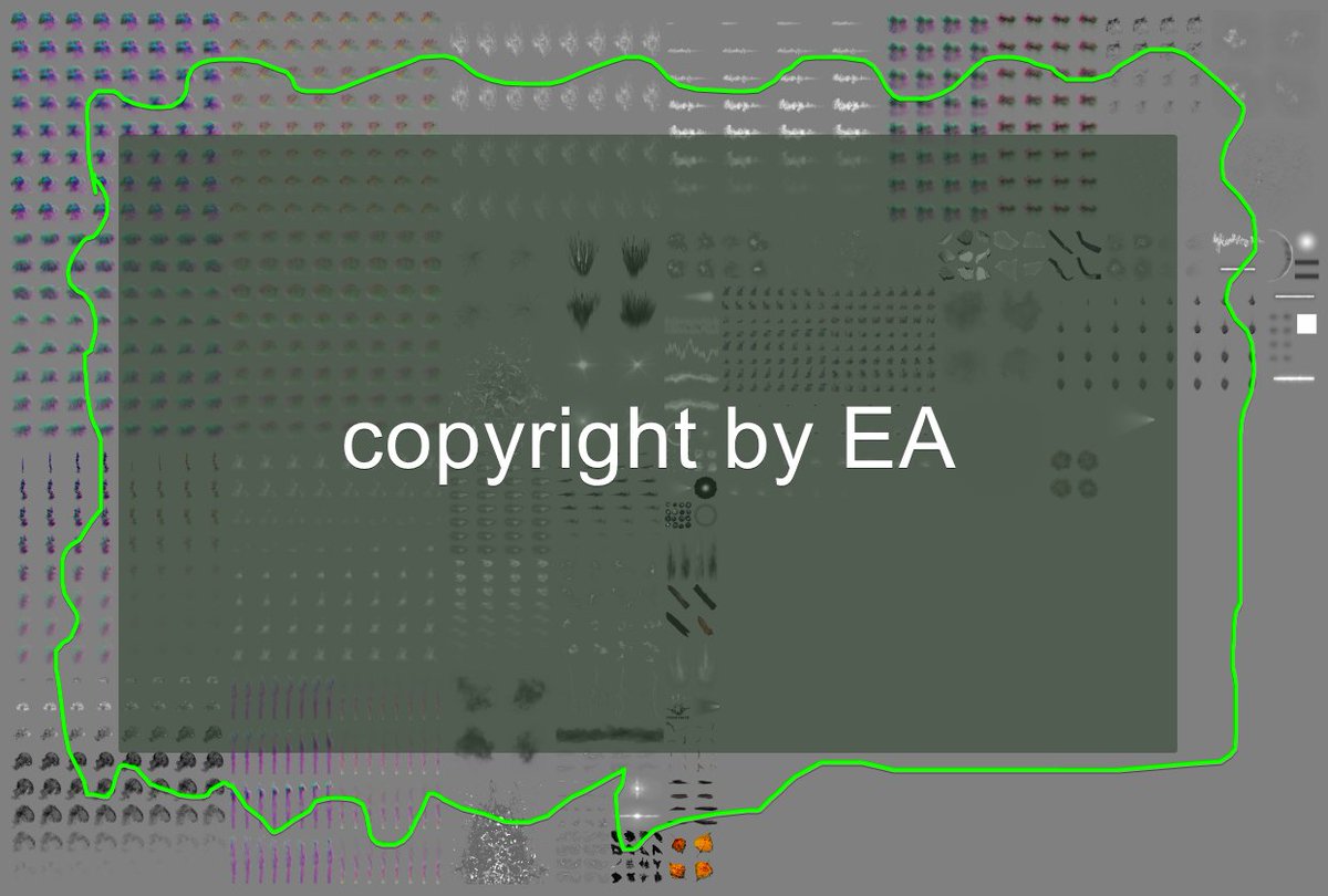 Almost all vfx textures are on 1 huge atlas (12288x8192px, DDS = 96MB). Most flipbooks are loopable. Some are unique: They show smoke/fire building up and then dissolve.