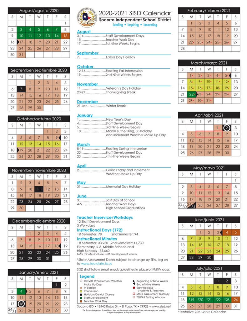 The #TeamSISD 2020-21 school year calendar has been revised to begin student instruction on August 17. Our updated calendar meets current TEA guidelines &amp; new El Paso Health Dept. directives plus still includes additional flexibility. Read my UPDATE below.