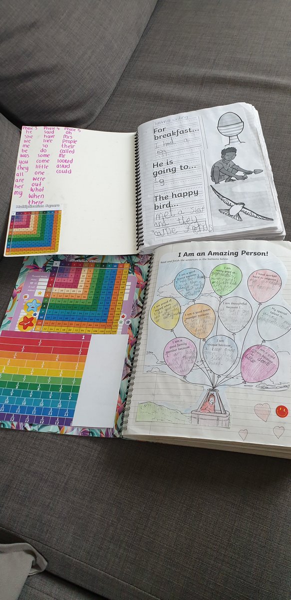 Emma80Jones's tweet photo. @sfsmtweets @StFaithsTweets  both have completed book 1 of lockdown home school work. Lovely to be able to look through &amp; remember it all (including the falling outs, us quickly looking info up to be able to help &amp; the days when we scrapped it for the paddling pool &amp; ice cream) https://t.co/dgb2v0GO7j