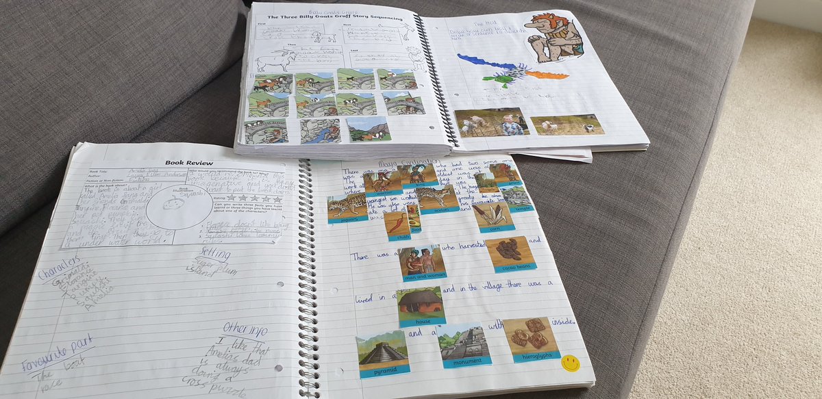 Emma80Jones's tweet photo. @sfsmtweets @StFaithsTweets  both have completed book 1 of lockdown home school work. Lovely to be able to look through &amp; remember it all (including the falling outs, us quickly looking info up to be able to help &amp; the days when we scrapped it for the paddling pool &amp; ice cream) https://t.co/dgb2v0GO7j